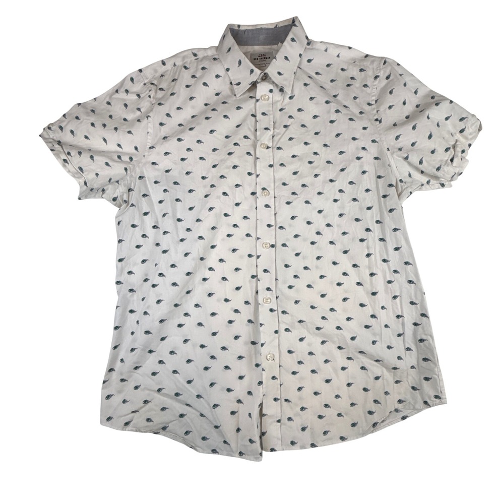 Ben Sherman Mens XL White Peacock Feather Print Short Sleeve Button Down Shirt